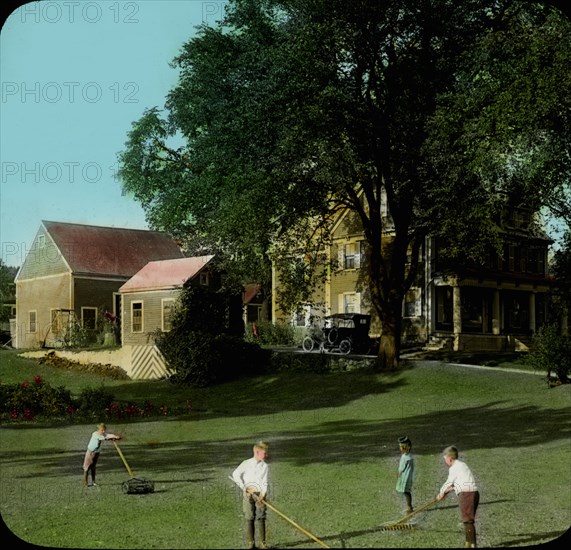 Children Tending to Lawn, A Good Type of American Home, USA, Magic Lantern Slide, circa 1910