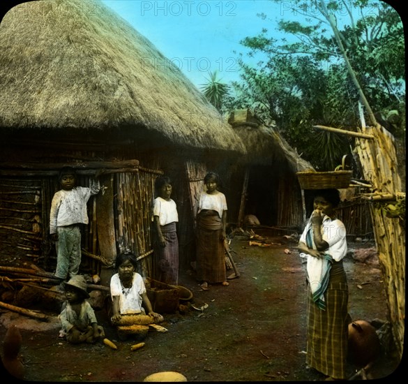 Native Indian Family and Home, Guatemala, Magic Lantern Slide, circa 1910