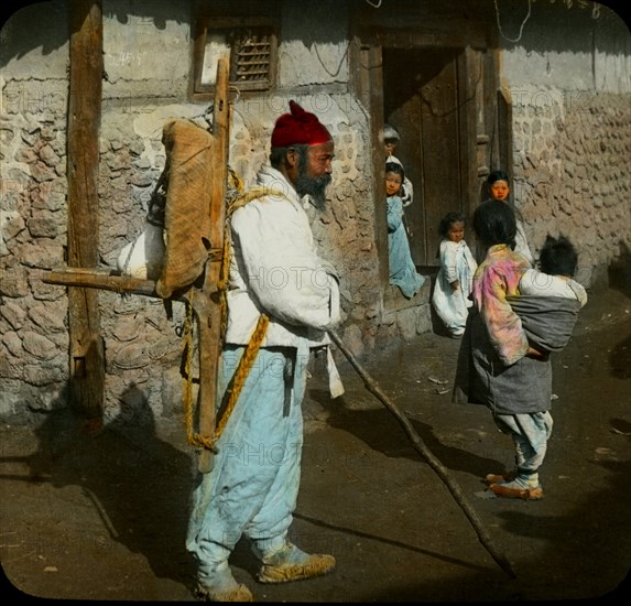 Peasant Family in Thatched Hut, Chosen, Korea, Magic Lantern Slide, circa 1900