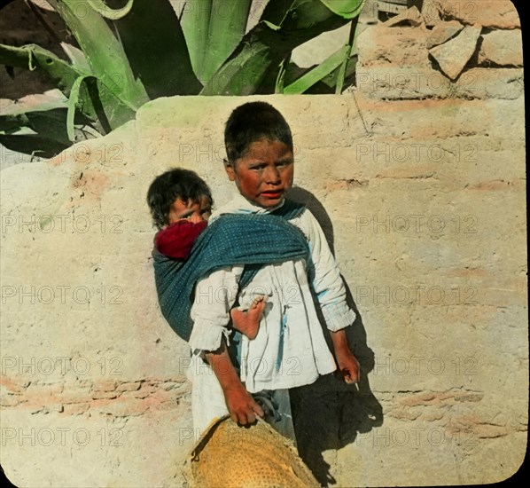 Indian Boy and Baby, Mexico, Magic Lantern Slide, circa 1910