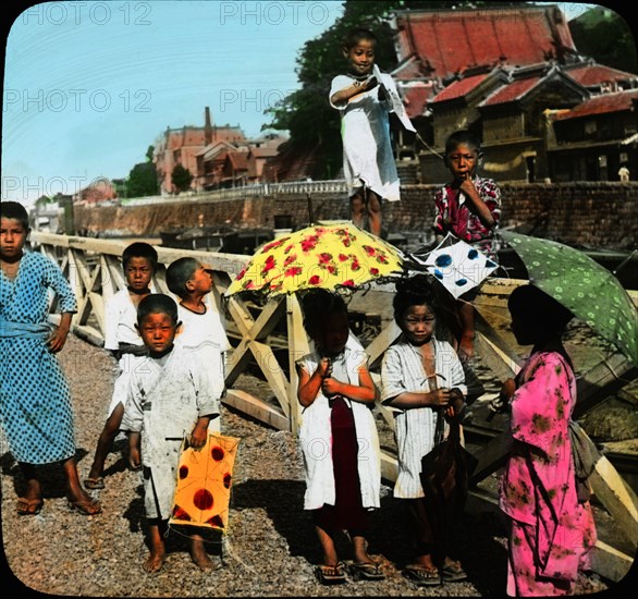 Japanese Children with their Kites, Japan, Magic Lantern Slide, circa 1910