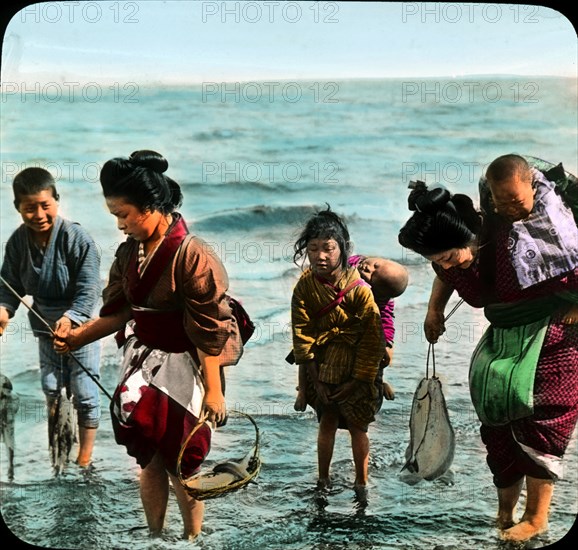 Mothers and Children Fishing, Japan, Magic Lantern Slide, circa 1910