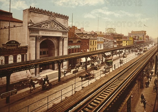 Buildings and Elevated Train Tracks Along the Bowery, New York City, New York, USA, Detroit Publishing Company, 1900