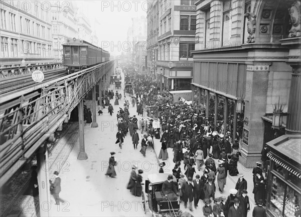 Shoppers and Elevated Train Along Sixth Avenue, New York City, New York, USA, Detroit Publishing Company, 1903