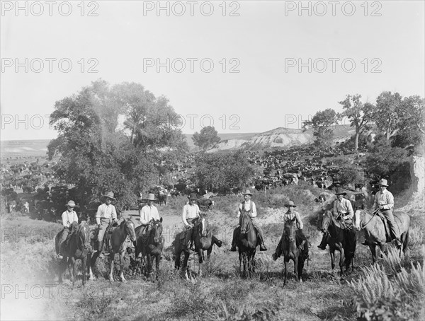 Cowboys on Horses on Cattle Ranch, Portrait, Texas, USA, Detroit Publishing Company, 1900