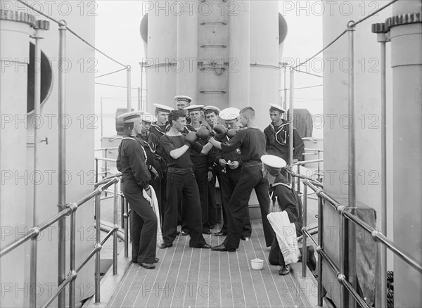 Two Naval Seamen Boxing, U.S.S. Massachusetts, USA, Detroit Publishing Company, 1896