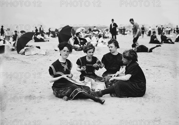 Group of Young Women on Beach, Coney Island, New York City, New York, USA, Detroit Publishing Company, 1900