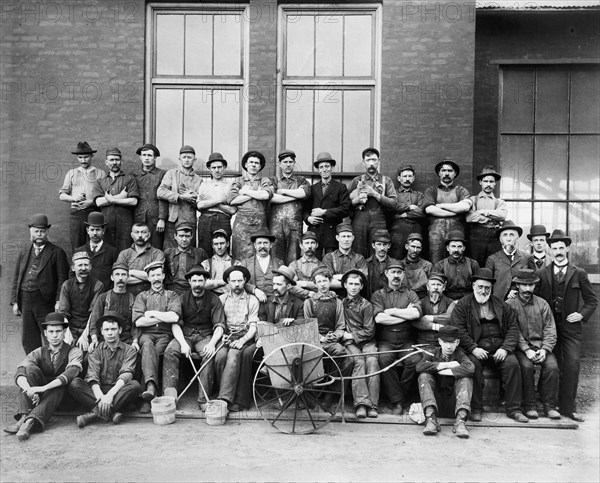 Portrait of Group of Workers with Bucket Cart, Leland & Faulconer Manufacturing Company, Detroit, Michigan, USA, Detroit Publishing Company, 1903