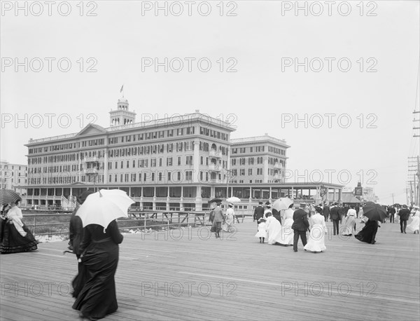 Pedestrians Strolling on Boardwalk Near Hotel Rudolf, Atlantic City, New Jersey, USA, Detroit Publishing Company, 1900