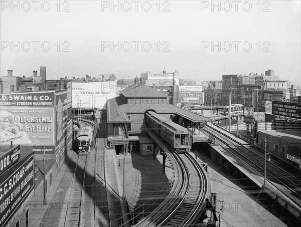 Elevated Train at Dudley Street Station, Boston, Massachusetts, USA, Detroit Publishing Company, 1904