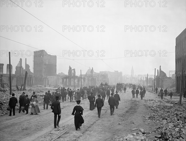 Large Group of People Walking Along Ruins of Market Street toward Ferry after Earthquake, San Francisco, California, USA, Detroit Publishing Company, 1906