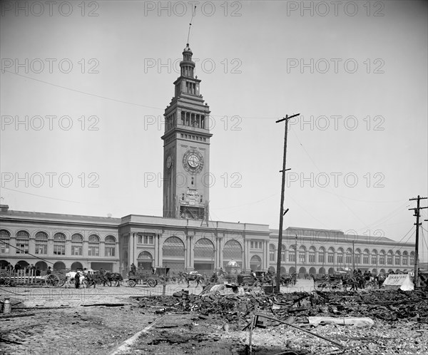Ferry Building and Ruins after Earthquake, San Francisco, California, USA, Detroit Publishing Company, 1906