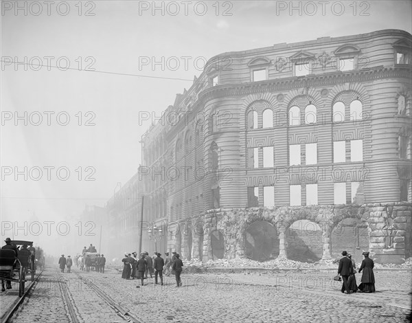 Group of People Walking Along Ruins of Market Street from Ferry after Earthquake, San Francisco, California, USA, Detroit Publishing Company, 1906