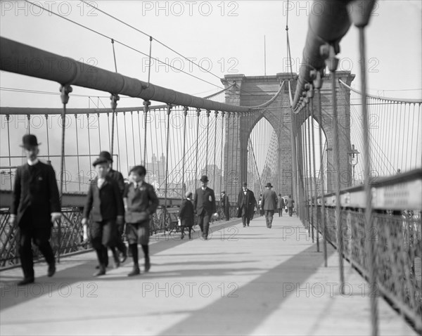 Pedestrians Walking Across Brooklyn Bridge, New York City, New York, USA, Detroit Publishing Company, 1905