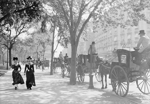 Two Women Strolling Near Cab Stand, Madison Square, New York City, New York, USA, Detroit Publishing Company, 1900