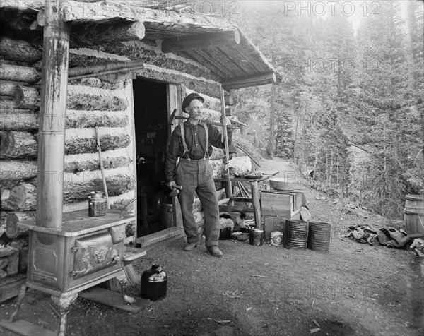 Prospector and Log Cabin, Pike's Peak, Colorado, USA, William Henry Jackson for Detroit Publishing Company, 1900