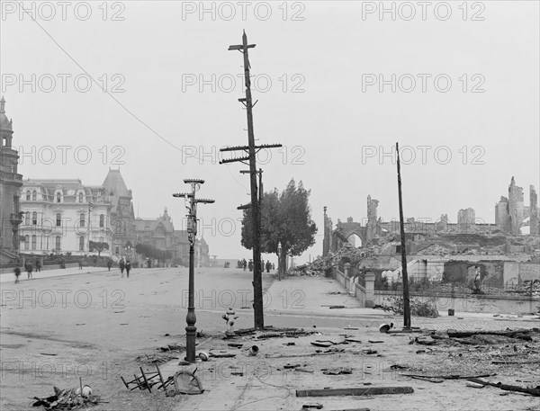 Van Ness Avenue, Limit of Fire, after Earthquake, San Francisco, California, USA, Detroit Publishing Company, 1906
