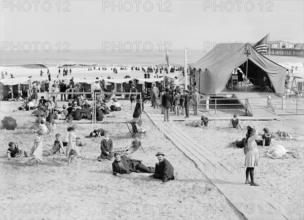 Beach Scene with First Aid Tent, Atlantic City, New Jersey, USA, Detroit Publishing Company, 1910