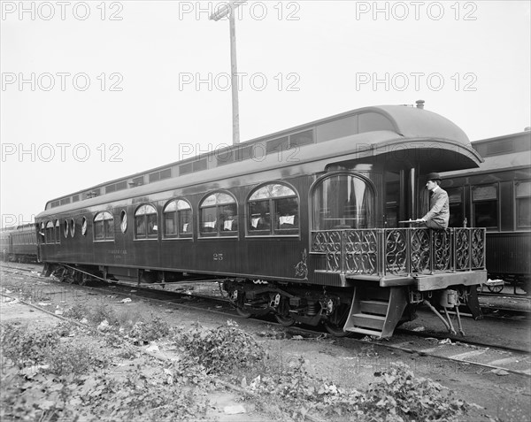 Man Sitting on Balcony of Pere Marquette Railroad Parlor Car no. 25, USA, Detroit Publishing Company, 1910