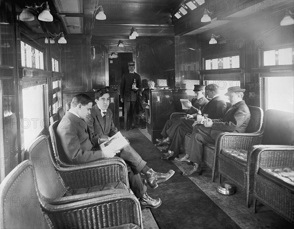 Group of Men Traveling in Buffet Library Car on Deluxe Overland Limited Train, USA, Detroit Publishing Company, 1915