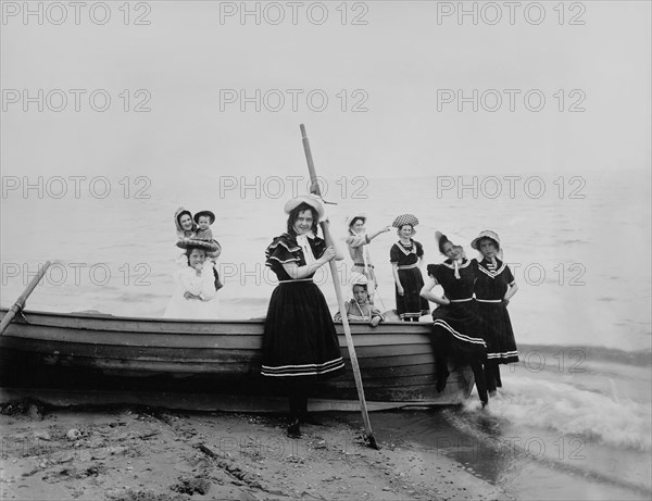 Group of Women and Girls with Boat at Beach, USA, Detroit Publishing Company, 1905