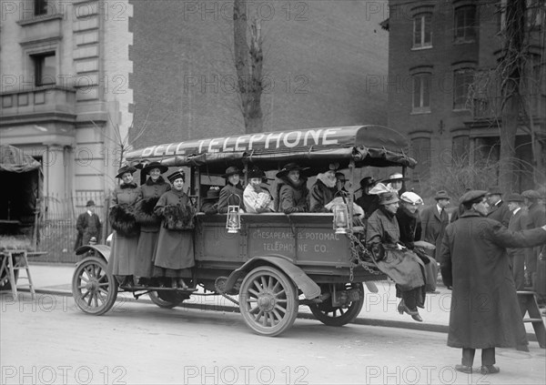 Chesapeake & Potomac Telephone Company Transporting Female Workers in Truck During Strike, Washington DC, USA, Harris & Ewing, 1916