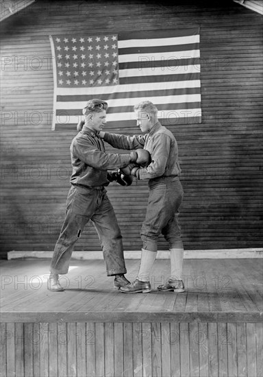 Two Military Men Boxing at Training Camp with American Flag in Background, USA, Harris & Ewing, 1918