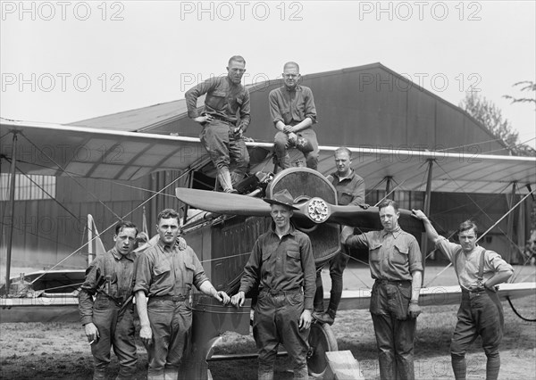 Mechanics with Airplane, Inauguration of Air Mail Service, Polo Field, Washington DC, USA, Harris & Ewing, 1918