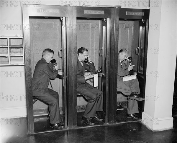Reporters in Phone Booths in Press Room, White House, Washington DC, USA, Harris & Ewing, 1937