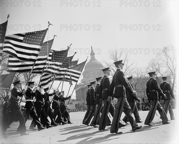 High School Cadets as They Pass U.S. Capitol Building in Army Day Parade, Washington DC, USA, Harris & Ewing, April 1940