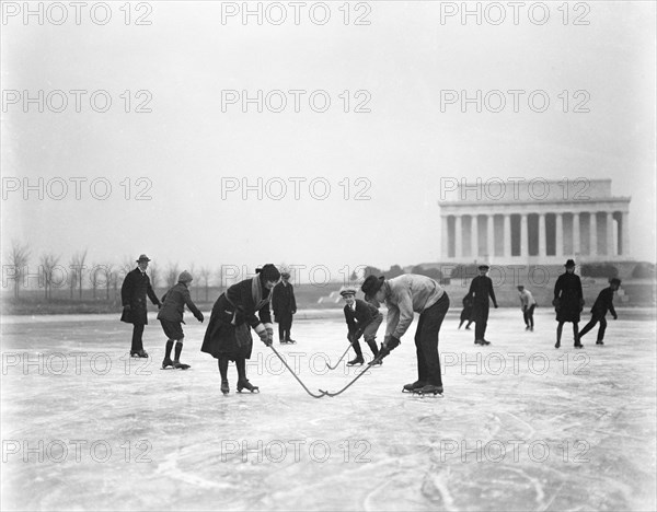 Recreational Hockey and Ice Skating with Lincoln Memorial in Background, Washington DC, USA, Harris & Ewing, January 1922