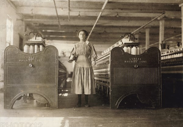 Young Teen Spinner Working in Textile Mill, Winchendon, Massachusetts, USA, Lewis Hine, 1911