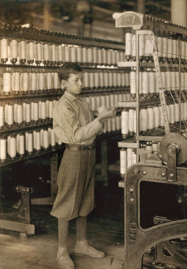 Young Teen Boy Working in Mule Room at Berkshire Cotton Mill, Adams, Massachusetts, USA, Lewis Hine, 1916