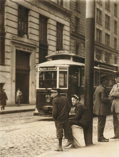Two Messenger Boys Waiting on Street, Boston, Massachusetts, USA, Lewis Hine, 1910