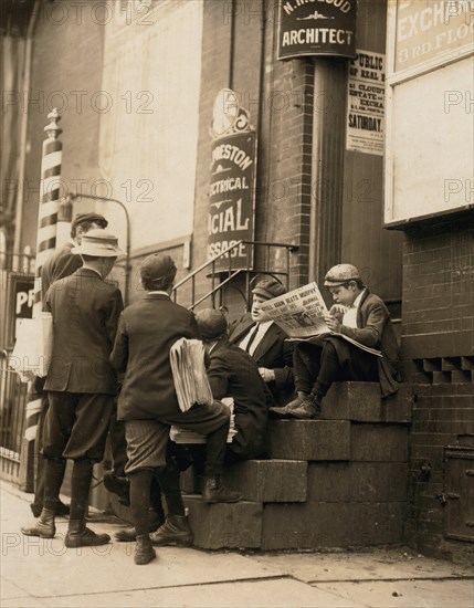 Group of Newsboys on Stoop at 4th and Market Streets, Wilmington, Delaware, USA, Lewis Hine, 1910