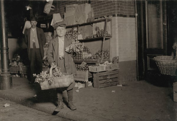 11-year-old Boy Selling Celery at 10:30pm, Shift ends at 11:00pm, Washington DC, USA, Lewis Hine, 1912