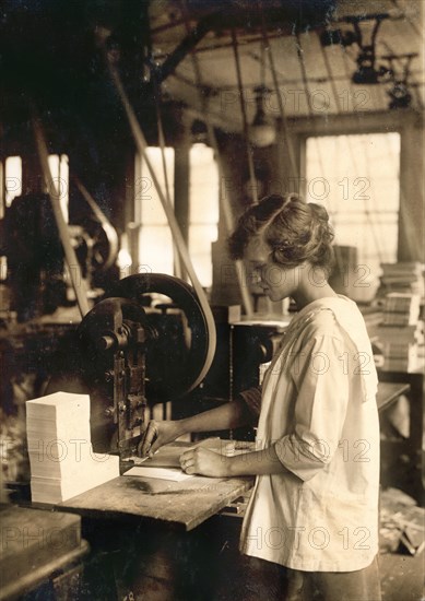 Young Teen Girl Punching Cards at Index Card Company, Boston Massachusetts, USA, Lewis Hine, 1917