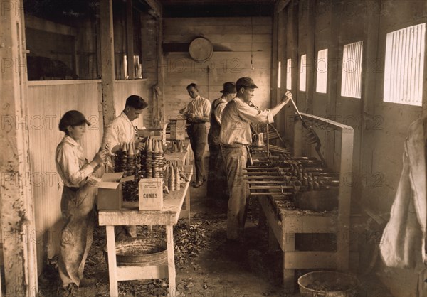 Two Young Boys Packing Cones at Ice Cream Cone Factory, Oklahoma City, Oklahoma, USA, Lewis Hine, 1917