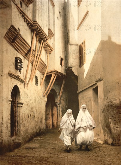 Two Women Walking Along Red Sea Street, Algiers, Algeria, Photochrome Print, Detroit Publishing Company, 1900