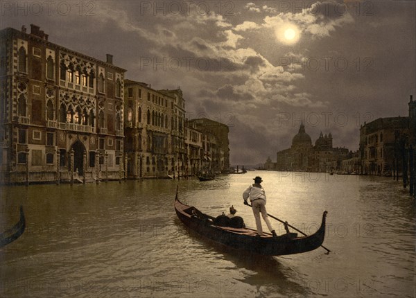 Gondola on Grand Canal by Moonlight, Venice, Italy, Photochrome Print, Detroit Publishing Company, 1900