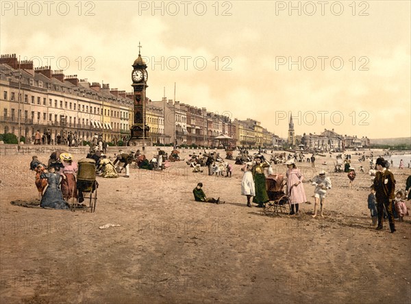 Jubilee Clock Tower and Beach, Weymouth, England, Photochrome Print, Detroit Publishing Company, 1900