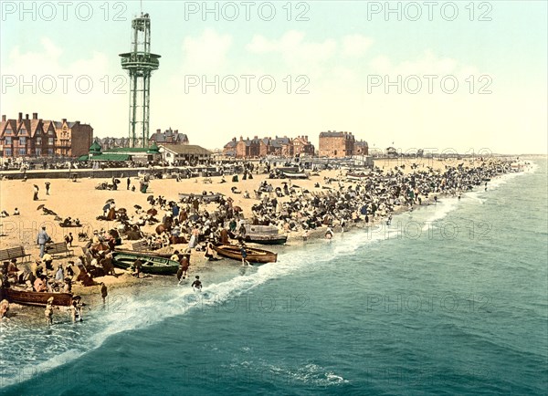 Beach and Revolving Tower, Yarmouth, England, Photochrome Print, Detroit Publishing Company, 1900