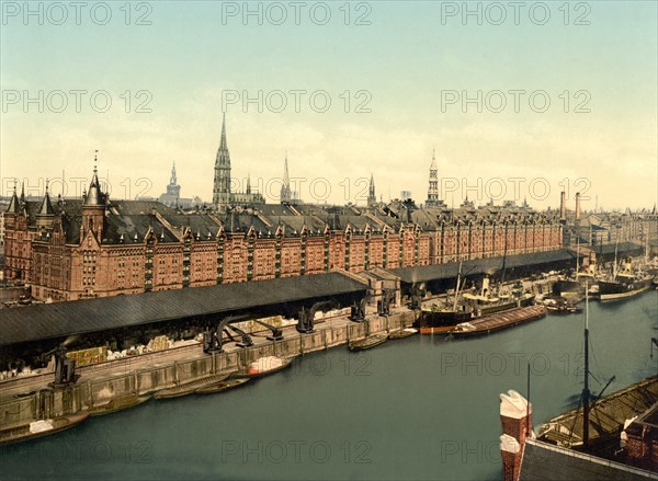 Warehouses at Docks, Hamburg, Germany, Photochrome Print, Detroit Publishing Company, 1900