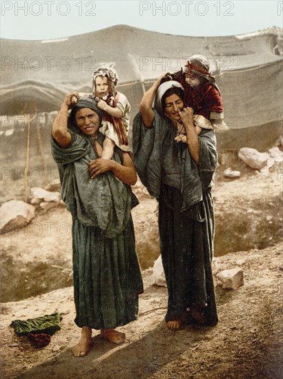 Bedouins and children outside Tent, Holy Land, Photochrome Print, Detroit Publishing Company, 1900