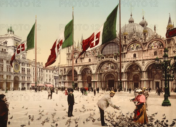 People Feeding Pigeons, St. Marks Square, Venice, Italy, Photochrome Print, Detroit Publishing Company, 1900