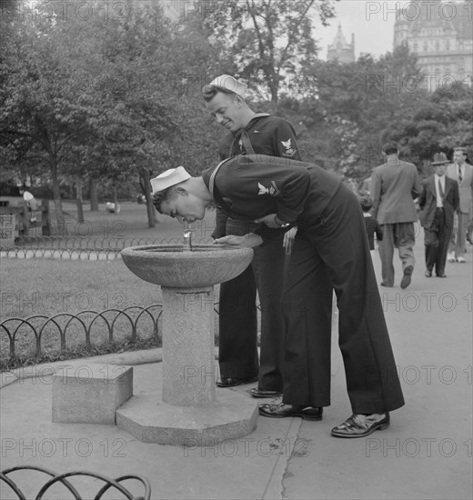Two Sailors Drinking at Water Fountain, Central Park, New York City, New York, USA, Marjorie Collins for Office of War Information, September 1942