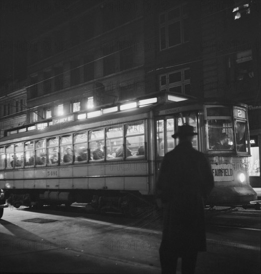 Trolley Carrying Workers to Night Shift at Bethlehem Fairfield Shipyard, Baltimore, Maryland, USA, Marjorie Collins for Office of War Information, April 1943