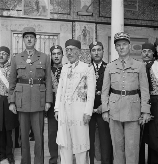 General Charles de Gaulle, Bey of Tunis and General Charles Mast in Courtyard of Bey's Summer Palace, Carthage, Tunisia, Marjorie Collins for Office of War Information, June 1943