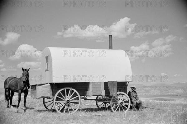 Sheepherder and Chuck Wagon, Madison County, Montana, USA, Arthur Rothstein for Farm Security Administration (FSA), July 1939