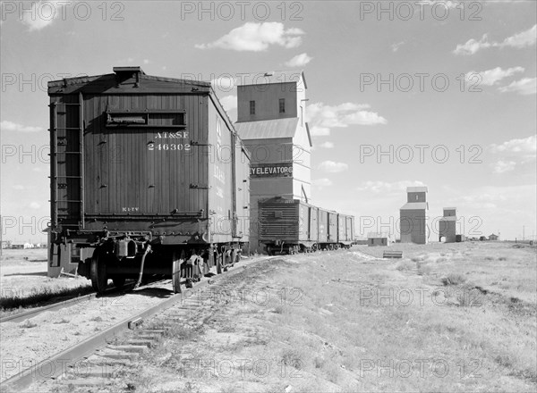 Freight Trains and Grain Elevators, Dumas, Texas, USA, Arthur Rothstein for Farm Security Administration (FSA), July 1936